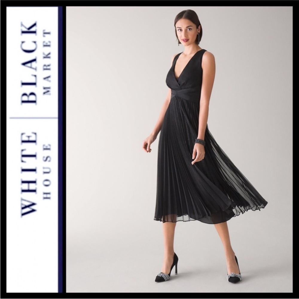 White House Black Market Black Lurex Pleated Midi Dress Size 0